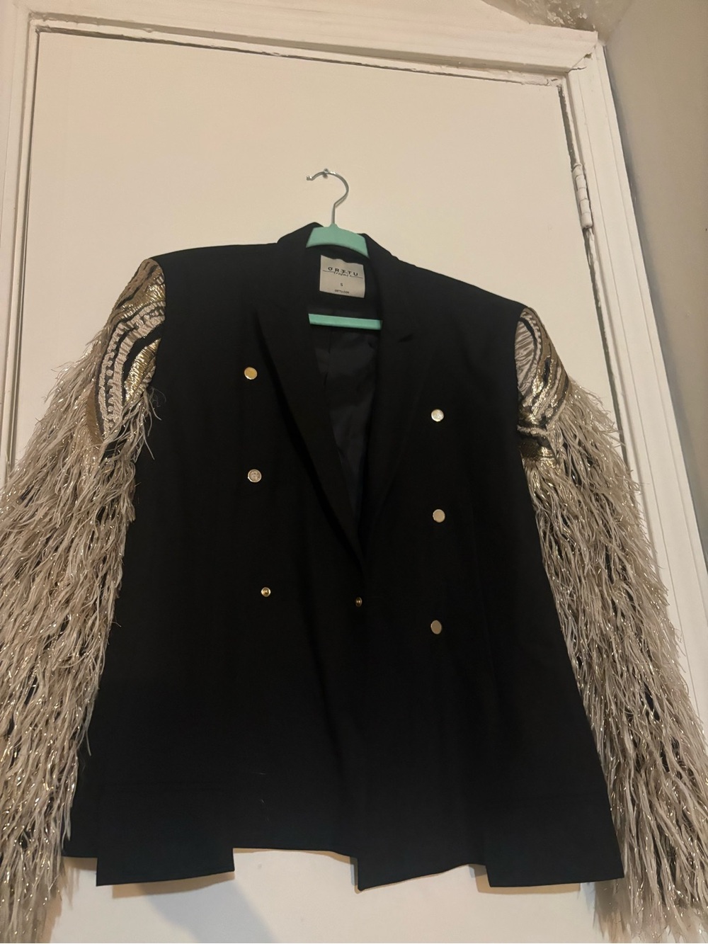 Orttu Black Double Breasted Blazer with Metallic Feathered Sleeves